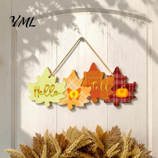 Rustic Thanksgiving Door Decor Autumn Welcome Sign with Hanging Rope for Front Door, Maple Leaf Shape Wood Autumnal Entryway Signage Pumpkin