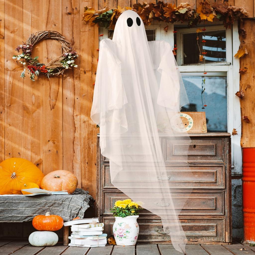 Joyfy Halloween 47 Inch Hanging Ghosts  Decorations White Ghosts with Spooky Green LED Light for Halloween Outdoor Decoration