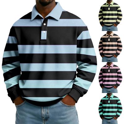 Men's Casual Loose Colorblock Print Lapel Button Long Sleeve Top