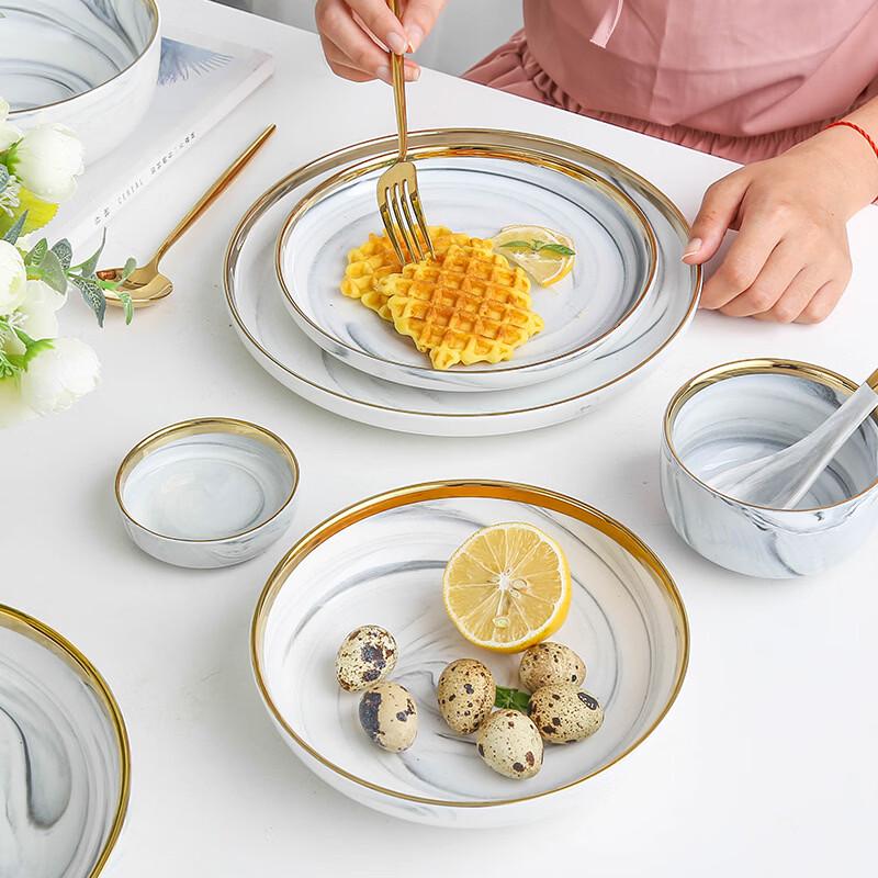European Marble Pattern Gold Rim Ceramic Deep Plate