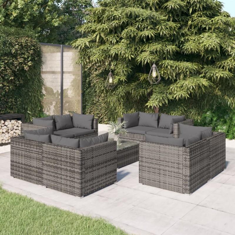 Día y Noche - Día y Noche Set de muebles de jardín 9 pzas y cojines ratán sintético gris