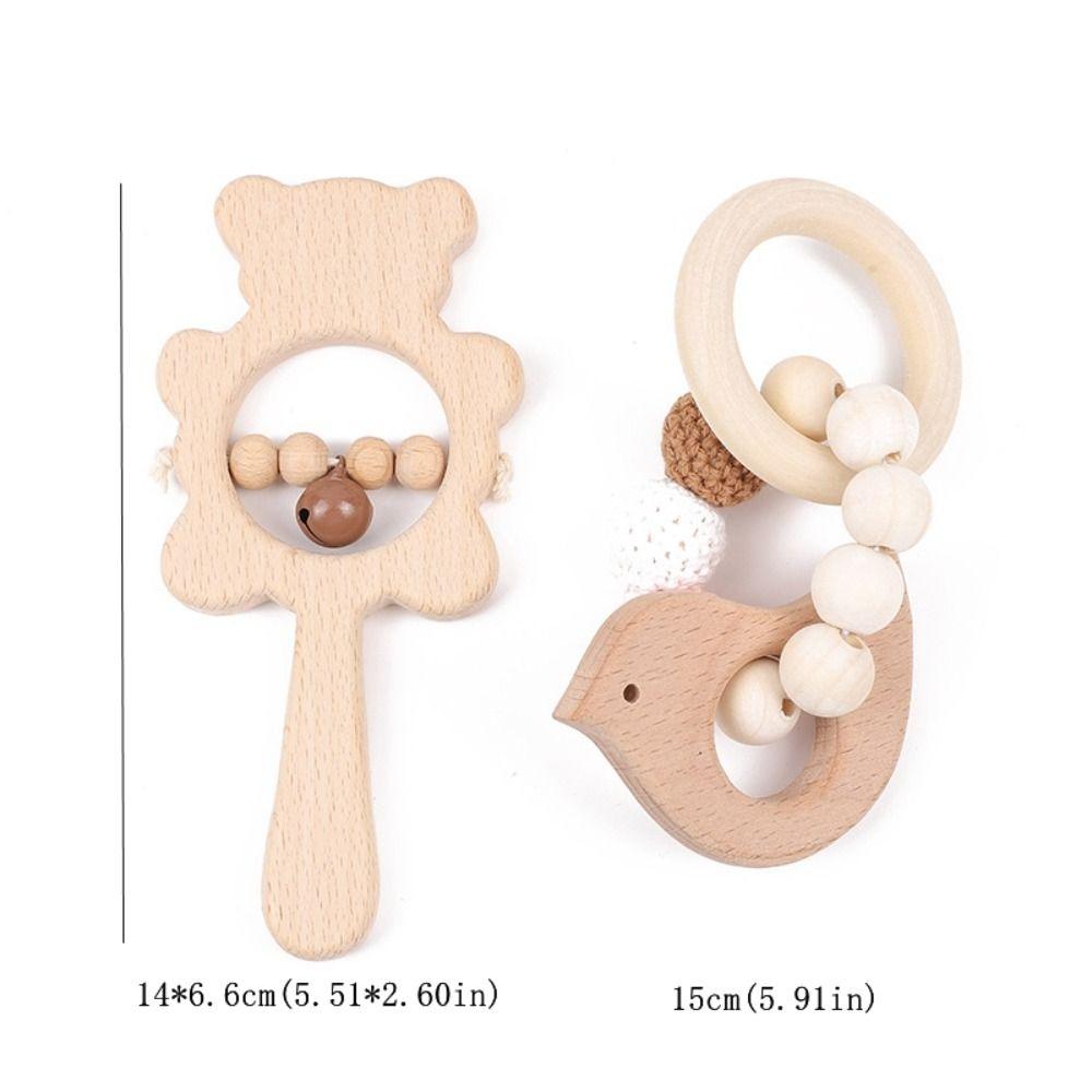 Anti-lost Wooden Baby Rattle Toy Cartoon Bear Wooden Rings Toy Handbell Rattle Toy  Kids