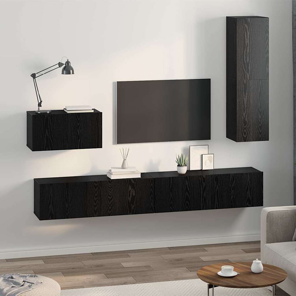 Wall Mounted TV Cabinet Set 4 pcs Black Oak Effect Particleboard