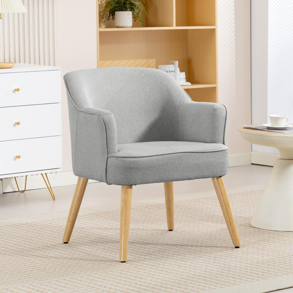 Modern Living Room Armchair Upholstered in Synthetic Linen Wooden Legs for Bedroom Office 64.5x65x79.5 cm Cream
