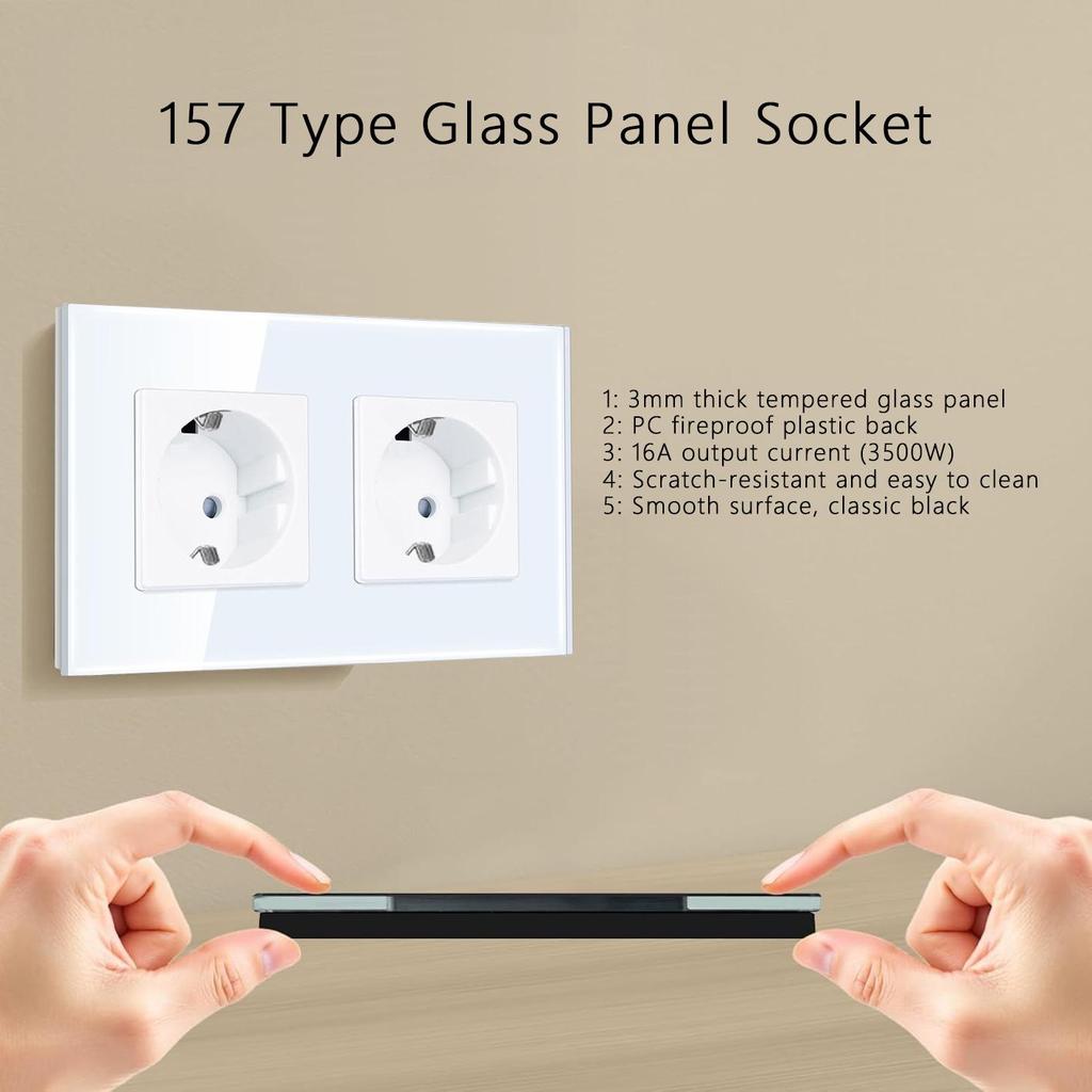 European Standard 16A Wall Socket, Model 157, with Tempered Glass Panel, 250V, Double Socket for Round Box Installation