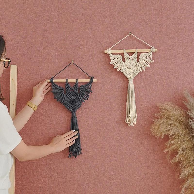 Halloween Bat Macrame Wall Hanging Geometric Art Decor Handmade Woven Gothic Ornament For Bedroom Black Durable Easy Install