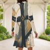 Women Plus Size Round Neck Long Sleeve Red Blue Star Swirl Printed A Line Dress