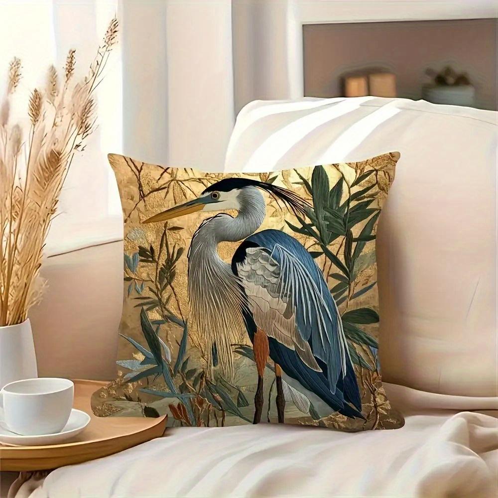 2D Flat- Vintage Golden Heron Print Square Throw Pillow Case Home Decor Cushion Cover For Sofa Bedroom Living Room