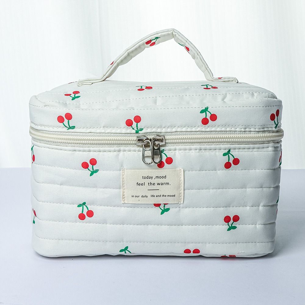 Retro Cherry Print Makeup Bag Cute Large Capacity Toiletry Bag Multifunctional Quilted Cotton Pencil Case Makeup Storage