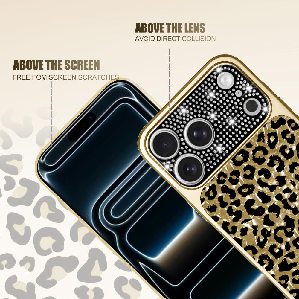 Leopard Print iPhone 17 Pro Max Case with Electroplated Water Flash Diamonds & Lens Protection