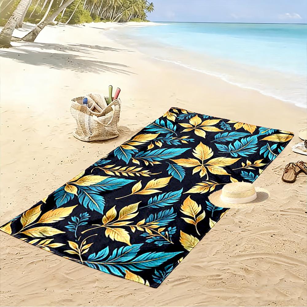Golden and Blue Leaf Pattern Towel Beach towel quick-drying for travel outdoor sports jogging beach and swimming