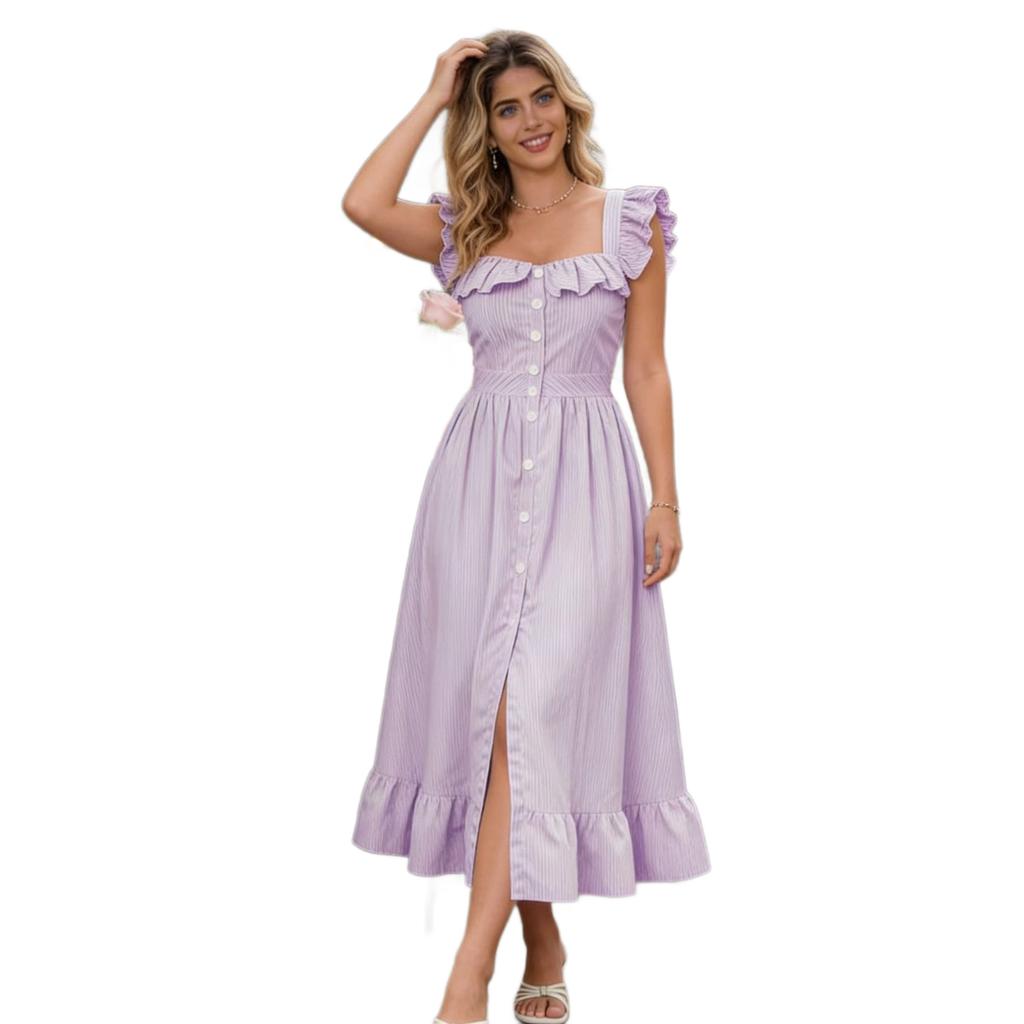 2026 New French Purple Striped Ruffle Edge Square Collar Waist Long Dress Large Size Dress Summer Elegant A Word