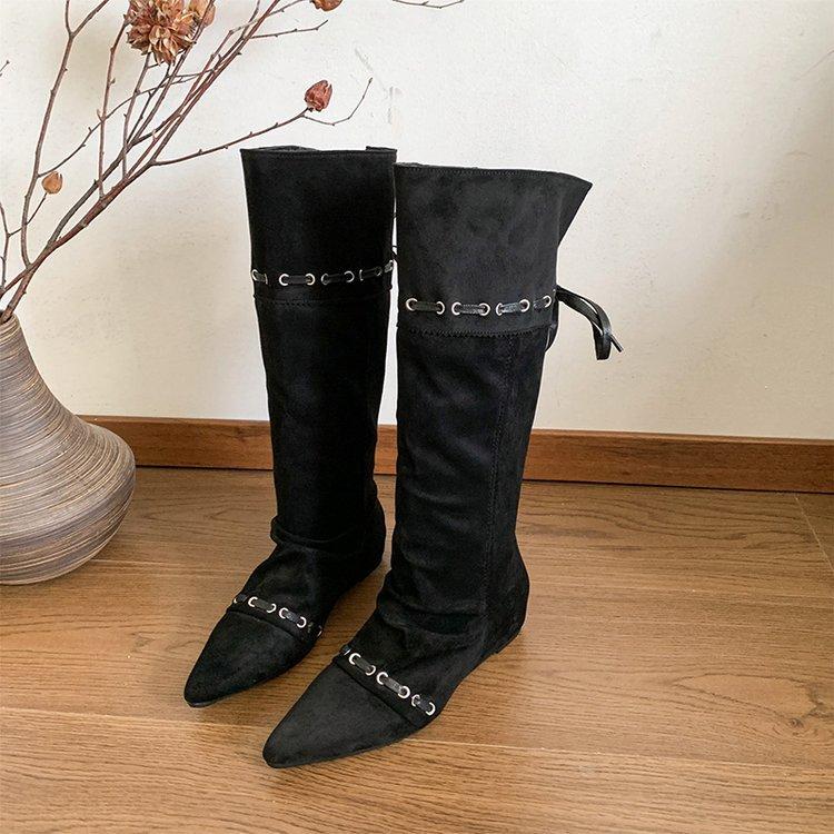 "Wasteland Spice Girls" Inner Heightening Western Cowboy Boots Women's Autumn and Winter Pile Boots Lace-up Skinny Knee Boots