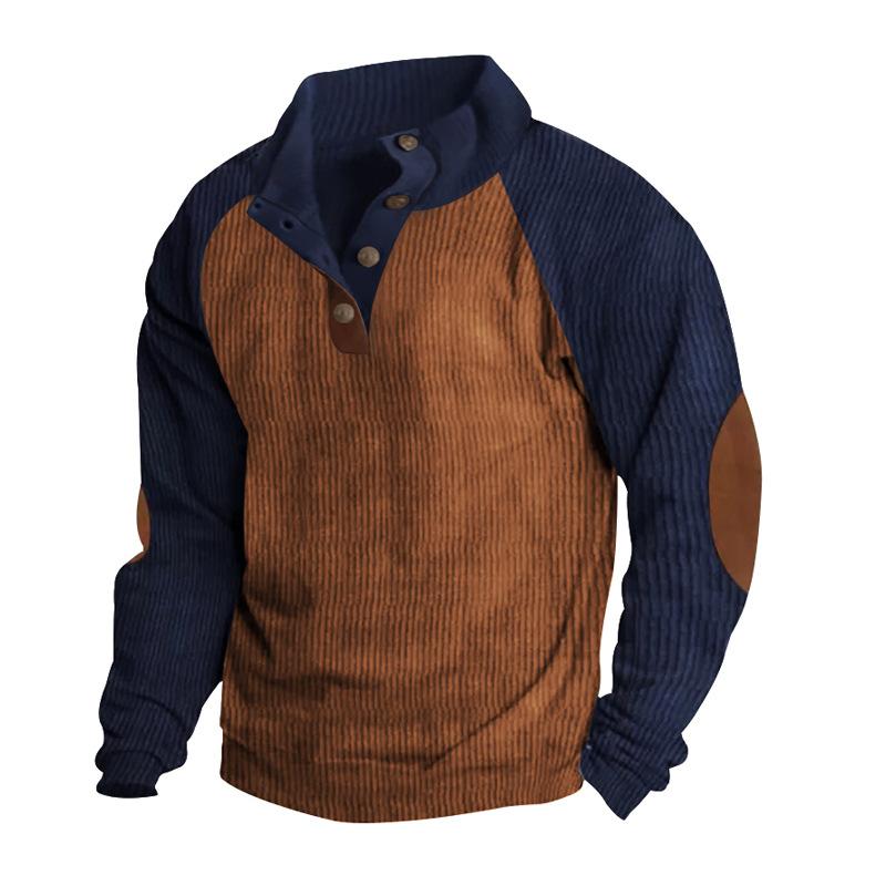 Autumn/Winter Men's Outdoor Raglan Sleeve Casual Stand Collar Loose-Fit Corduroy Colour-Blocked Sports Sweatshirt
