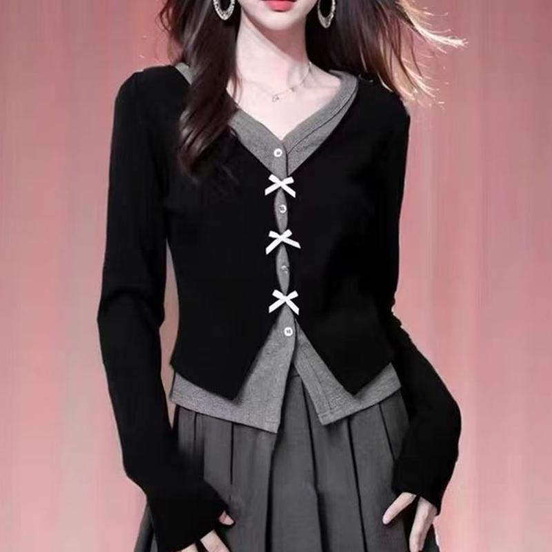 Autumn and winter slim-fit design short fake two-piece blouse, all-match fashion V-neck women's long-sleeved T-shirt 2647#