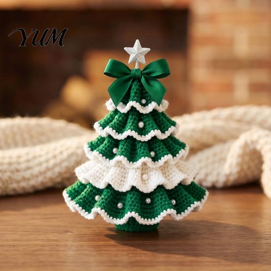 Crochet Christmas Tree Kit for Beginners DIY Kit, Beginner-Friendly Xmas Craft with Bow Plush Holiday Desktop Decoration And Faux Pearl Embellishment,
