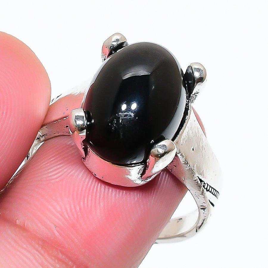 Natural Black Onyx Gemstone 925 Sterling Silver Jewelry Ring Size 7.5 RR-243