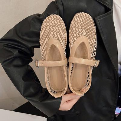 In Summer Wear Round Toe Straight Buckles Casual and Comfortable Women's Flats Cut-out Mary Jane Single Shoes Fishnet Shoes