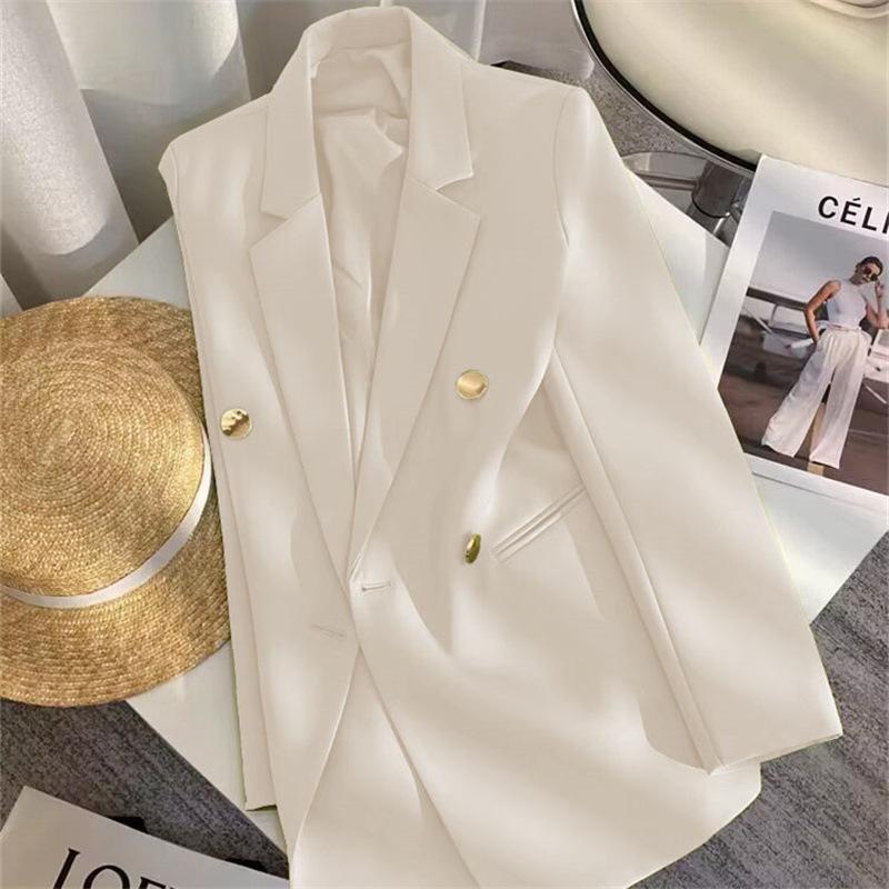 Women Long Sleeve Blazer Jacket Lapel Double Breasted Gold Button Loose Fit Office Casual Suit Outerwear Coat