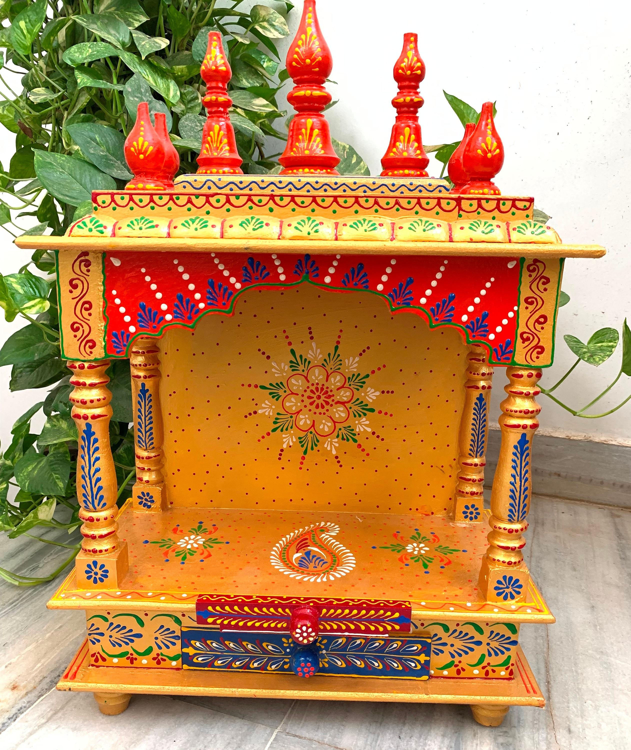 Handmade Painted Wooden Hindu Temple: Indian Pooja Mandir Home Altar