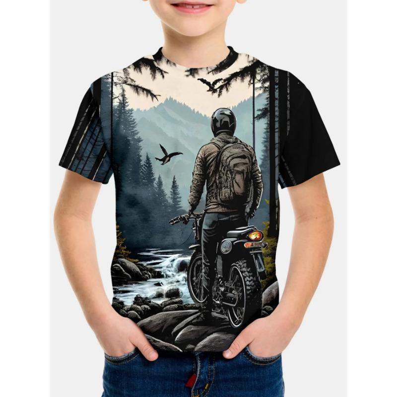 Summer Round Neck 3D Printed Motorcycle Rider Pattern Top Fashionable Casual Short Sleeved Children's Boy T-shirts