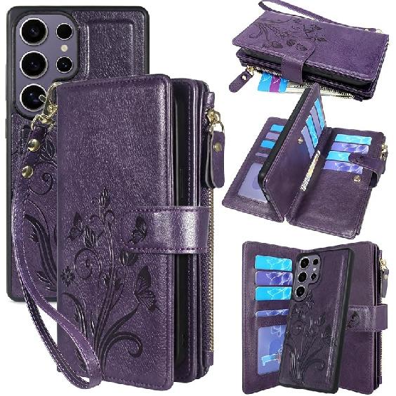 Lacass Case Wallet for Samsung Galaxy S25 Ultra, [12 Card Slots] ID Credit Cash Holder Zipper Pocket Detachable Leather Wallet Cover with Wrist Strap