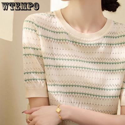 Hollow Striped Ice Silk Short Sleeved Women's Knitted T-shirt Summer New Versatile Round Neck Top