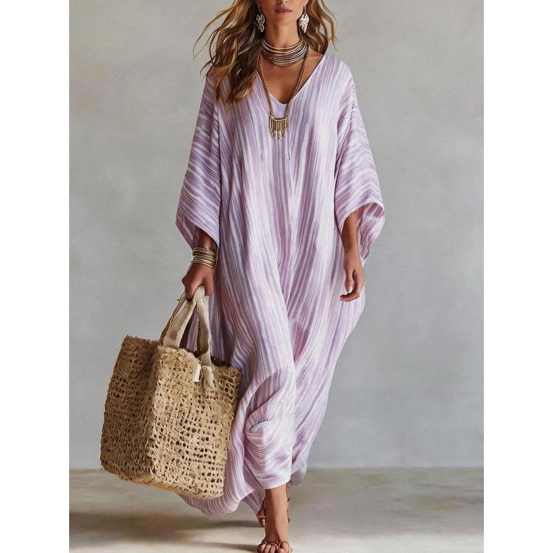 Summer women's top, long skirt, European and American style V-neck five-quarter sleeve simple and versatile dress