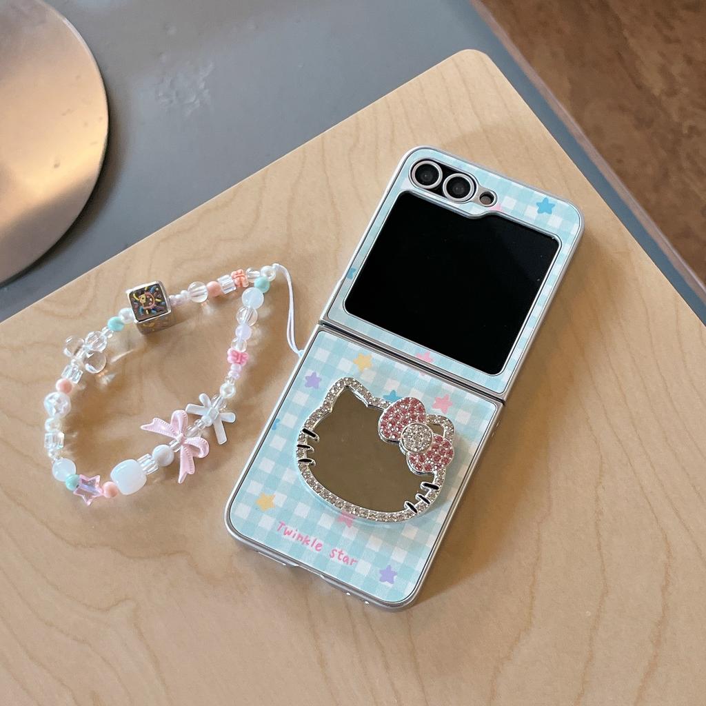 Cute Kawaii Hello Kitty Phone Case with Rhinestone Mirror Beaded Lanyard For Samsung Galaxy Z Flip 7 6 5 4 3 Plaid Star Foldabl