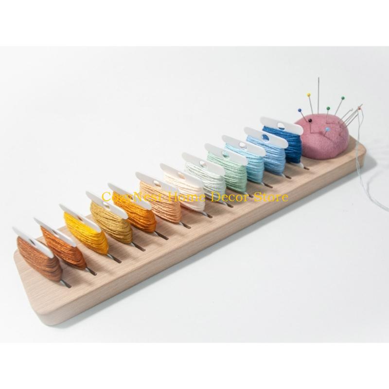 92MF Wooden Thread Rack Thread Plate Holder Organiser with Sewing Pins Holder for Embroidery Thread Quilting and Sewing Pins