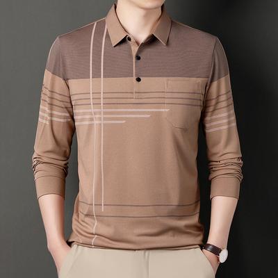 Otoño Nuevo Camiseta de Manga Larga Polo para Hombre Color Sólido Moda Simple Polo Rayado para Hombre