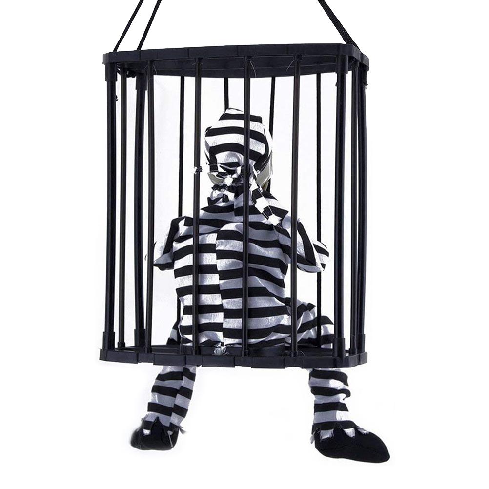 Halloween Scary Screaming Animated Skeleton Cage Prisoner with Light Up Eyes Haunted House Props