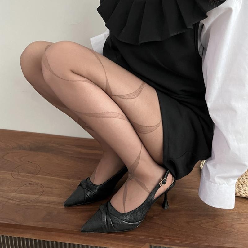 Vintage Ribbon Streamer Irregular Pattern Stocking Pantyhose Thin Sheer Silk Tights Women Japanese Ballet Dance Leggings