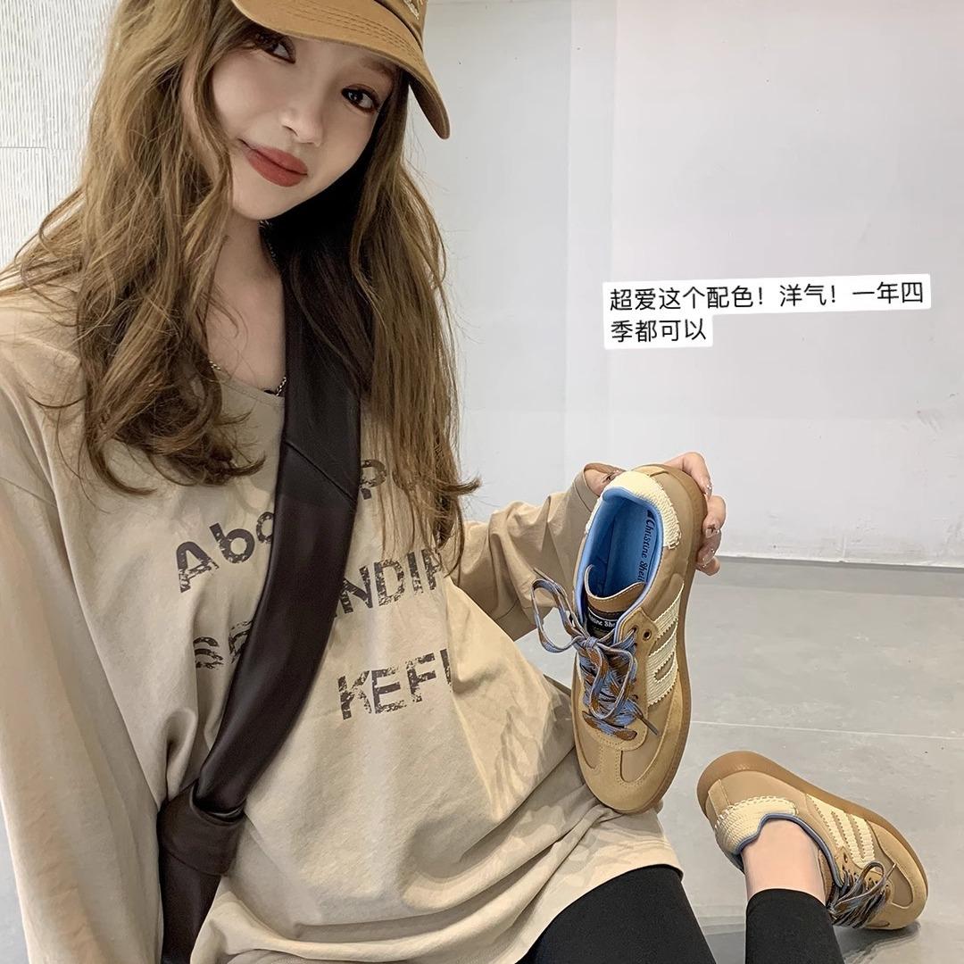 

[sheii Su Yinyin] Art Academy freshman~ American retro soft leather color matching sports and leisure shoes women s German training shoes 35 коричневий