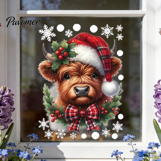 Waterproof PVC Bathroom Decor Christmas Window Clings, Cute Highland Cow Sticker with Santa Hat, Winter Creative DIY Home Remodeling Supplies