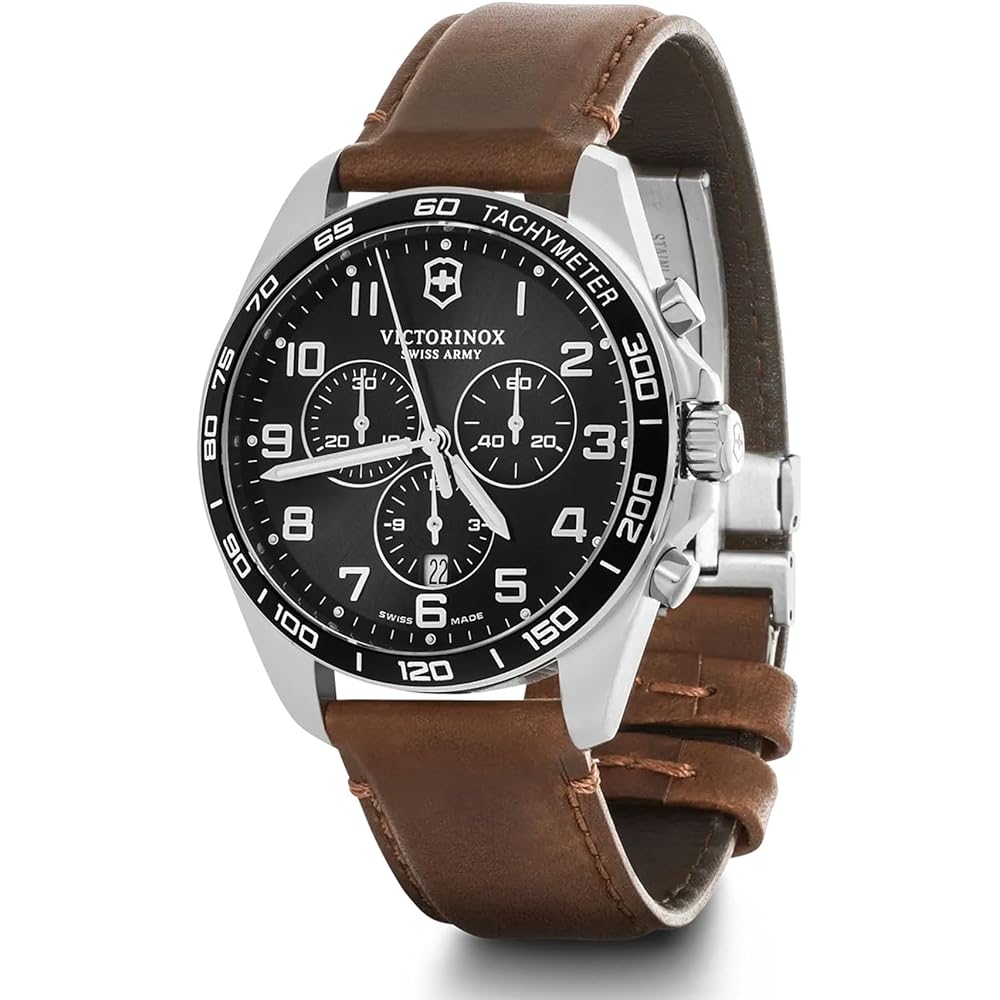Victorinox Fieldforce Classic Chrono Quartz Watch 241928 Black Leather Strap Men's Timepiece