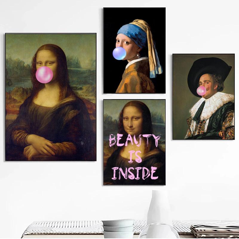 Klasik Sanat Mona Lisa Üfleme Pembe Balonlu Sakız Tuval Resimleri Poster Baskı Duvar Sanatı Resimleri için Oturma oda duvar dekoru Cuadros