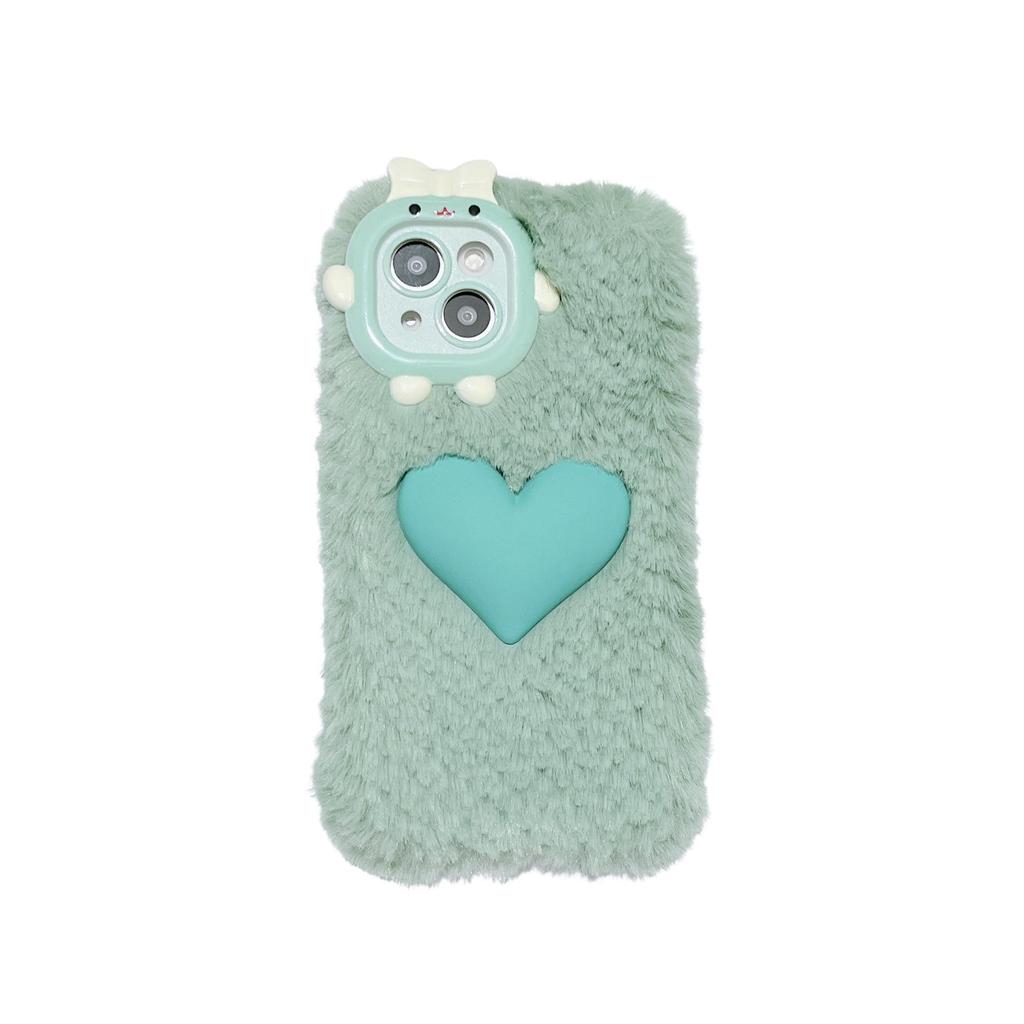 Color Block Plush Heart Phone Case for iPhone 13/14/15 Pro Max - Cute Autumn/Winter Design