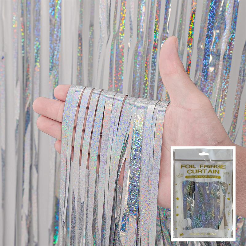 

Silvery Tinsel Foil Fringe | Door Streamer Photo Booth Backdrop for Birthday Graduation Engagement Bridal Party Decorations as shown
