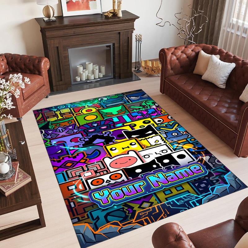 Personalized Crystal Velvet Carpet Custom Name Text,Geometry Dash Anti Slip Area Rug For Home Decoration
