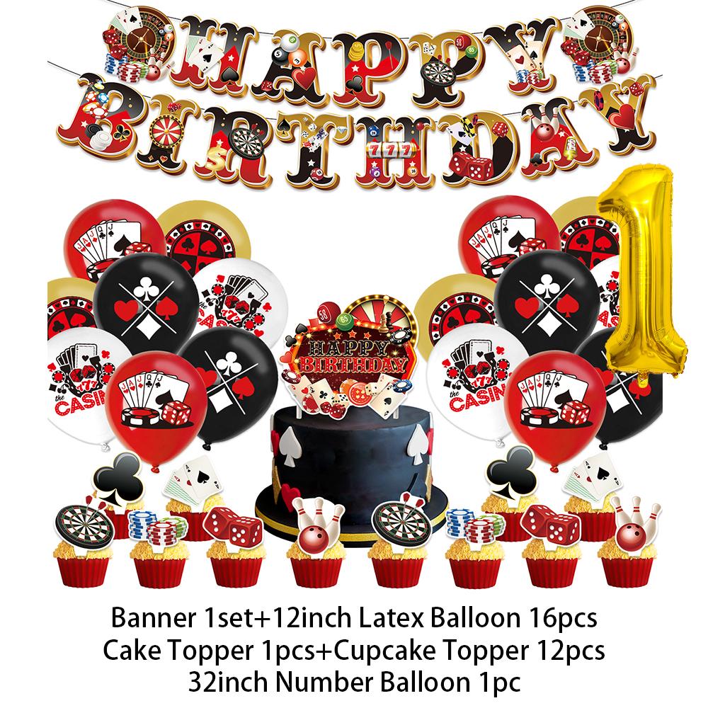 Casino Poker Chips Theme Birthday Party Decorations Playing Cards Money Golden Glitters Red Curtain BalloonS Cake Topper Banner