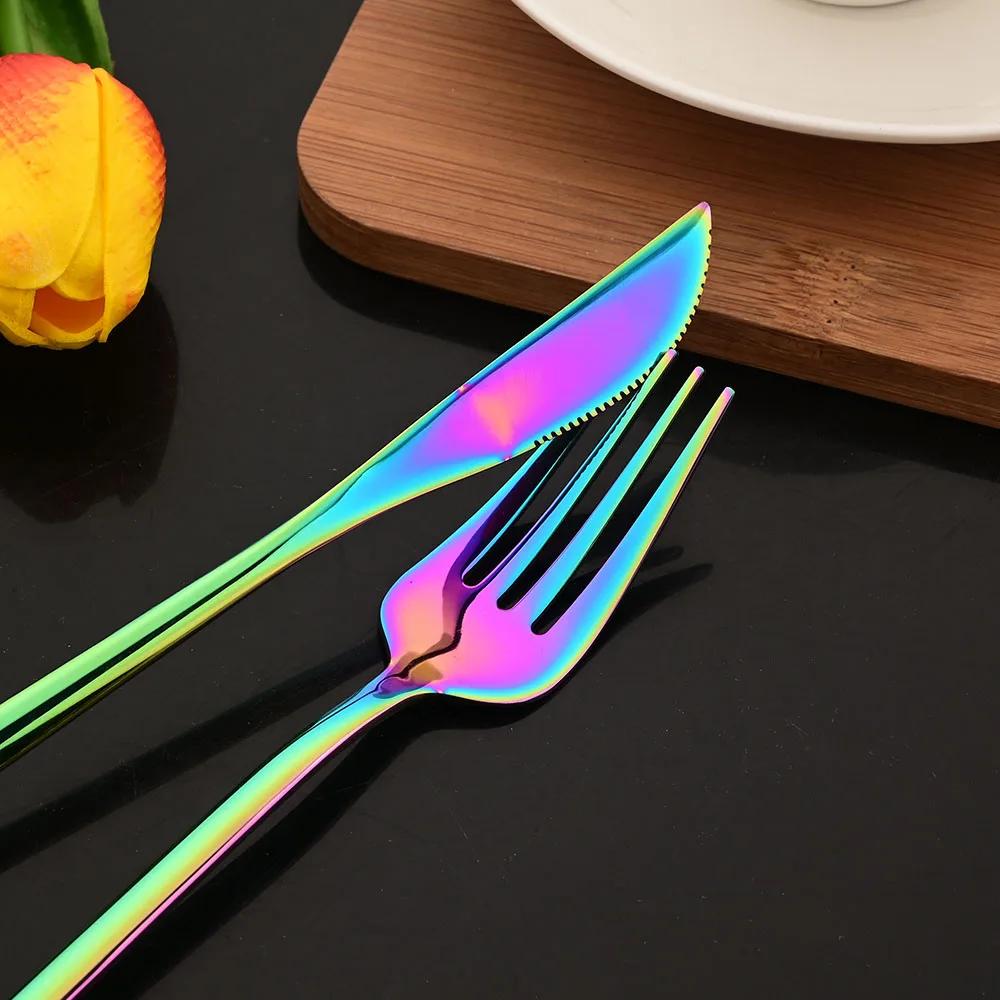 30Pcs Rainbow Stainless Steel Dinnerware Cutlery Set Steak Knife Dessert Fork Spoon Dishwasher Safe Flatware for Home Restaurant