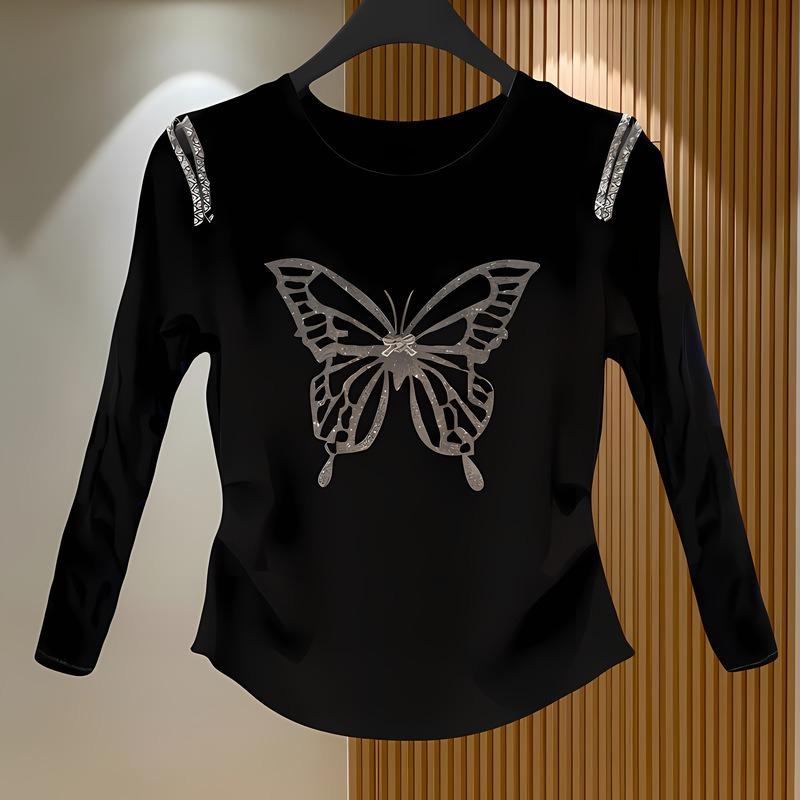 Manufacturer Rave Reviews Cotton Bottoming Shirt Autumn Butterfly Perm Diamond Beading Long-sleeved Top Women's Clothing