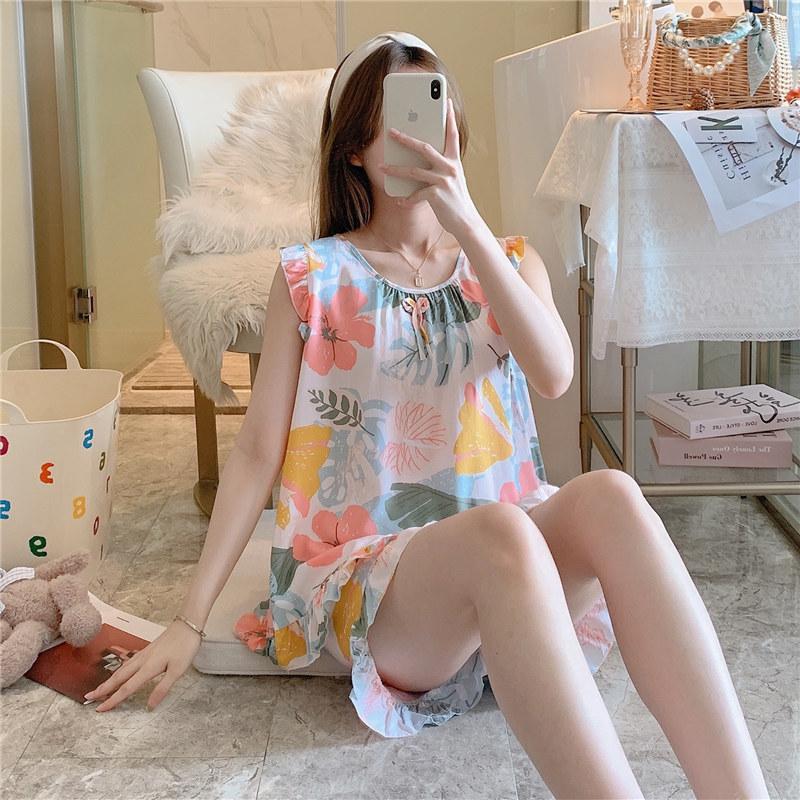 Pijamas de Algodão e Seda Feminino Fino Sexy Algodão Seda Regata Shorts Conjunto de Duas Peças Roupa de Dormir Verão