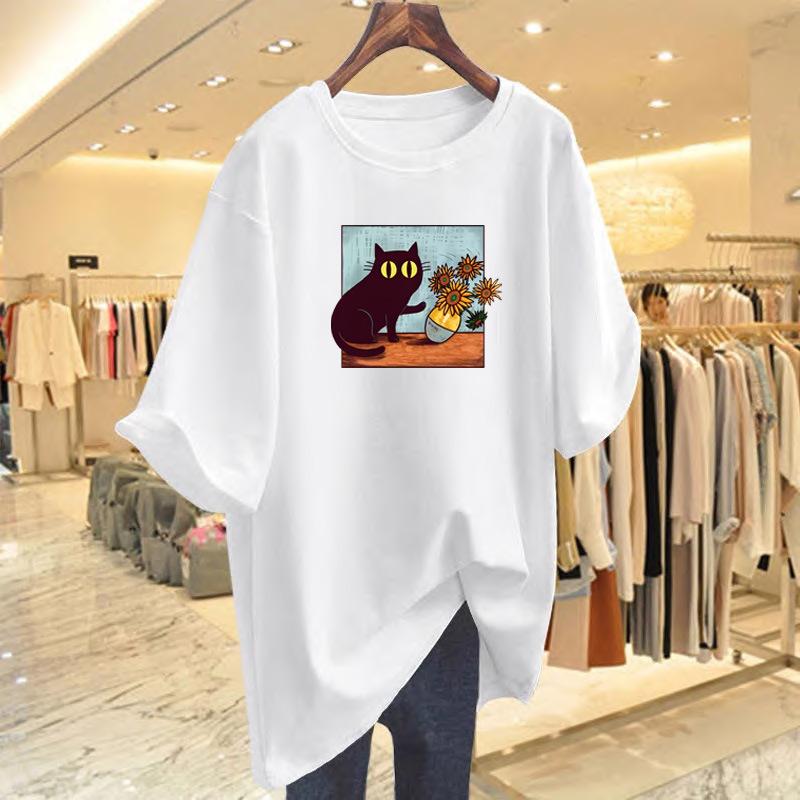 

Cat print white cotton short-sleeved t-shirt women s summer loose new top S