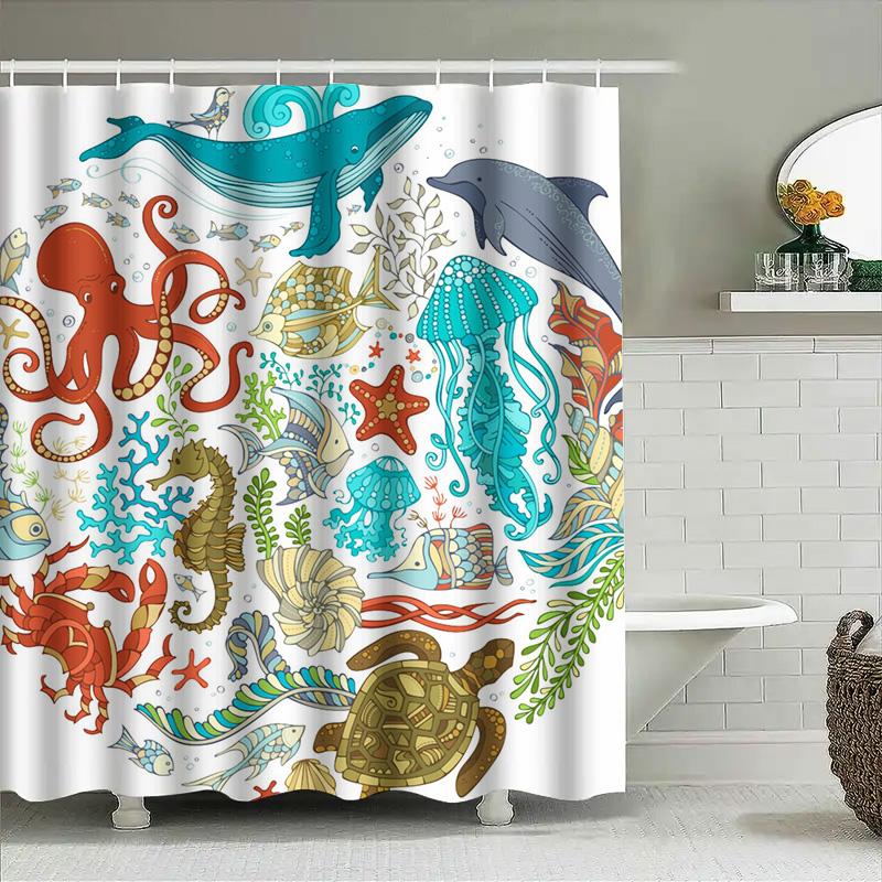 Underwater Life Sea Creature Print Shower Curtain Waterproof Decor Home Bath Accessories Customizable Size Options Available Whi