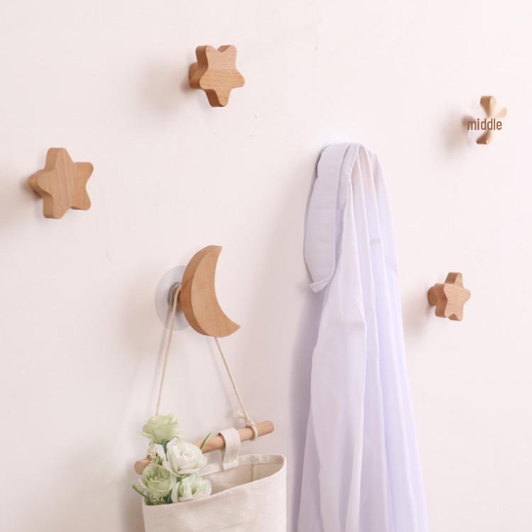 Nordic Solid Wood Star & Moon Wall Hook Set - Punch-Free Design for Coats & Hats