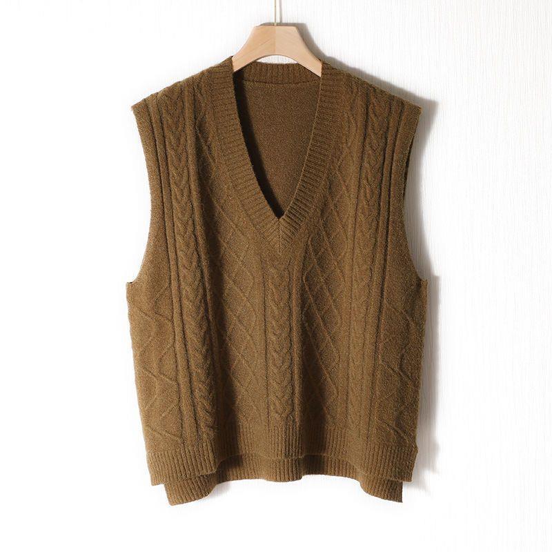 Women's Loose Fit Cable Knit V-Neck Sweater Vest - Autumn/Winter 2021, Thick OL Style, Korean Version.