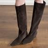 Sheepskin Spot Edition Winter Retro Pointed Boots Women's Suede Pile Folded Knight Boots Skinny Tall Fashion Boots