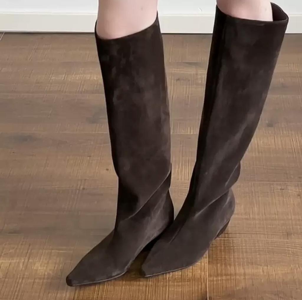 Sheepskin Spot Edition Winter Retro Pointed Boots Women's Suede Pile Folded Knight Boots Skinny Tall Fashion Boots